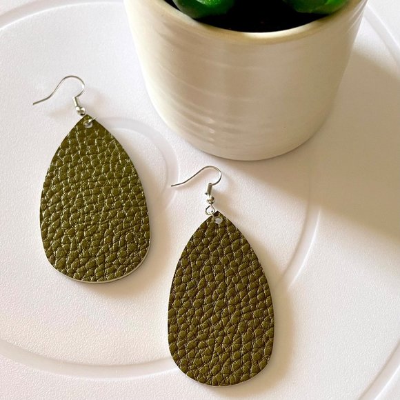 Faux Leather Earrings in Olive Green New Lightweight Teardrop Shaped - Picture 1 of 6